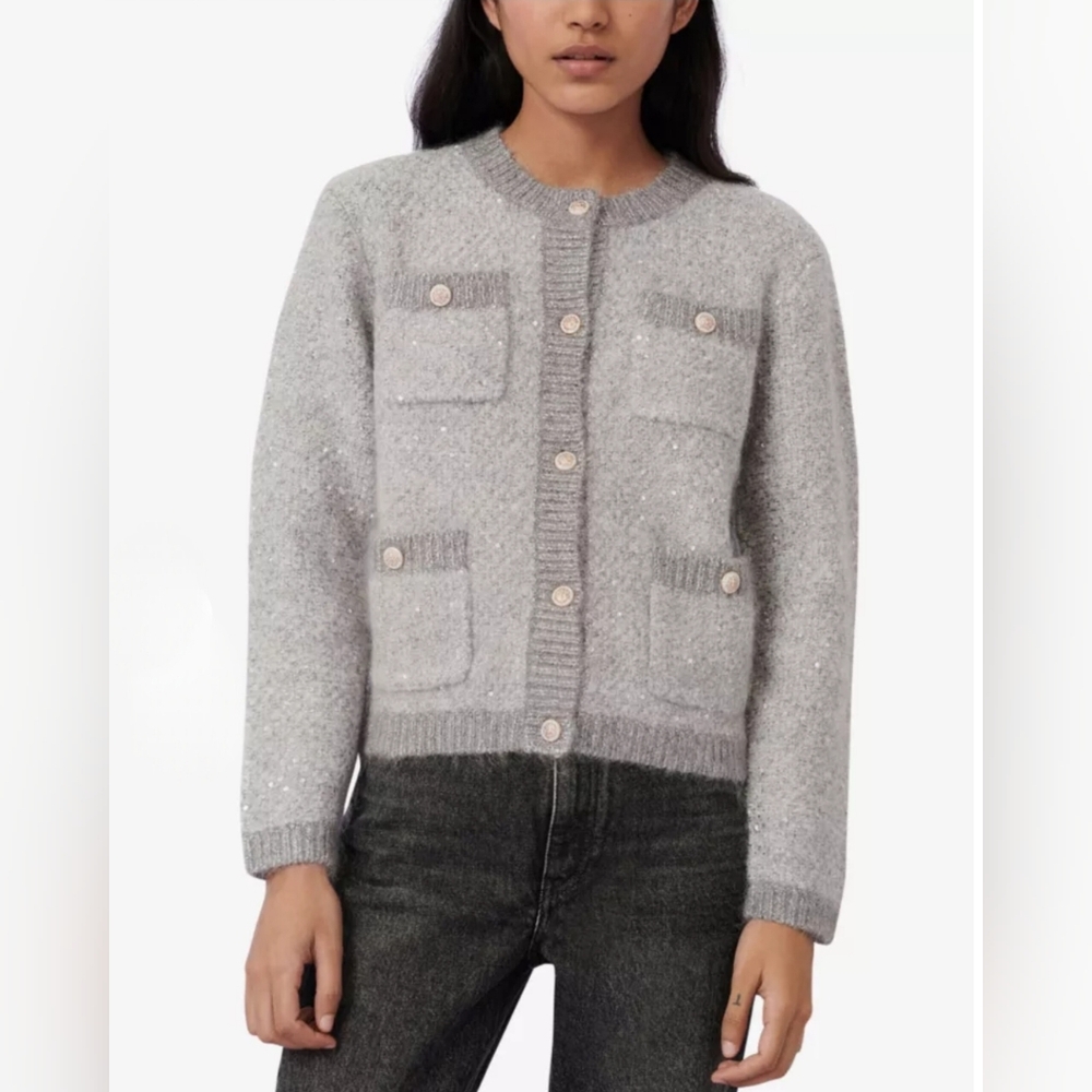 Maje Morning Lurex Sequined Cardigan M Grey Silver